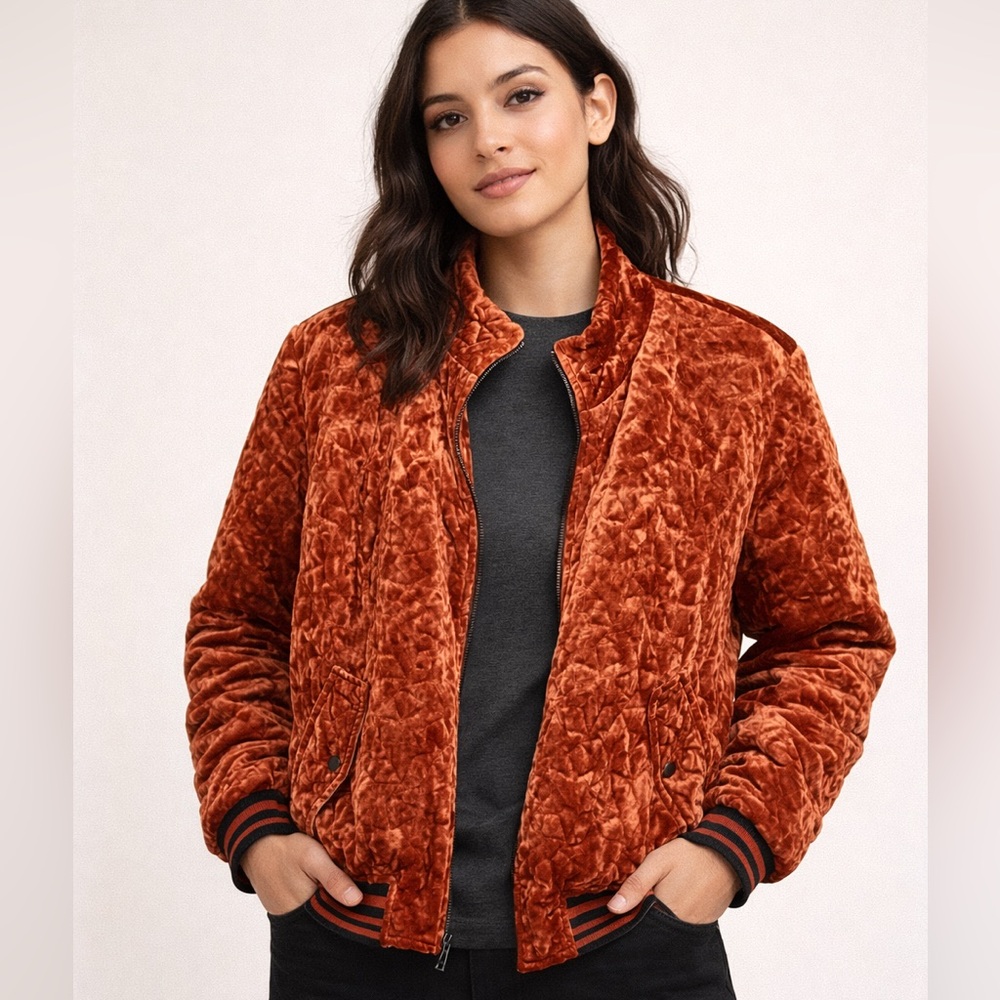 Bernardo Crushed Velvet Quilted Bomber Jacket Rust Copper Size L
